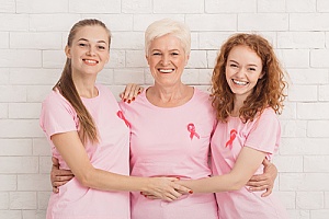women wearing breast cancer awareness shirts