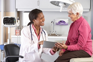 Doctor reviewing results with senior woman in exam room