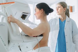 A patient undergoing mammogram screening