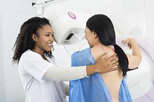 Doctor Assisting Woman Undergoing Mammogram X ray Test for breast care