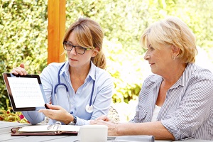 woman sitting in the garden with home health care nurse and consulting about GYN Wellness Screening