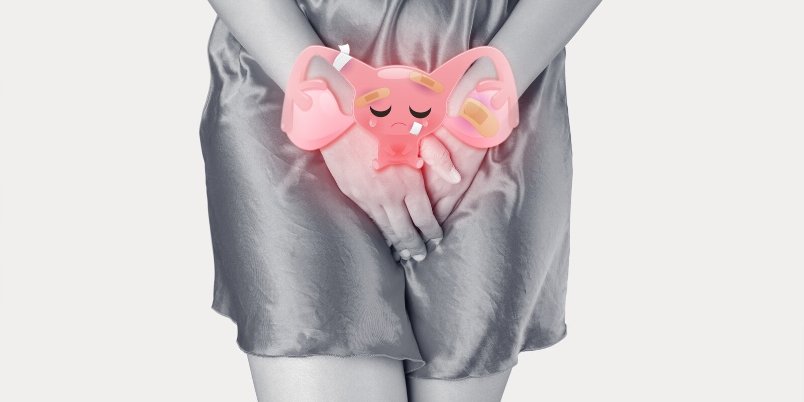 cartoon illustration of bad uterus is on the woman body