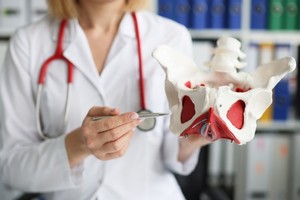 Female doctor showing demo woman pelvic floor muscles