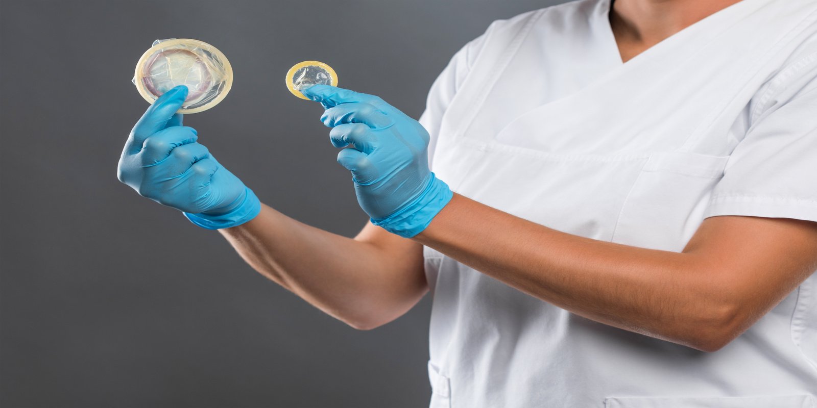 A doctor sex therapist wearing surgical gloves showing male and female condoms