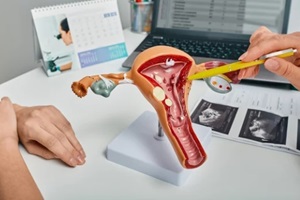 Raleigh, NC gynecologist showing polyps of endometrium of uterus using anatomical model during consultation to female patient