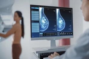 beautiful multiethnic adult woman standing topless undergoing mammography screening procedure