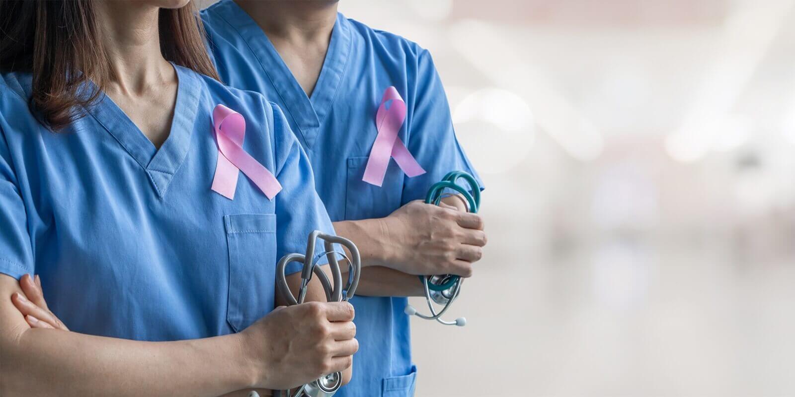 Raleigh obgyns wearing pink breast cancer ribbon in hospital