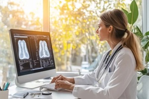 female doctor analyzing a mammography results at Raleigh OBGYN