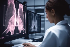 specialists checking on mammography results on computer screen for detecting breast cancer