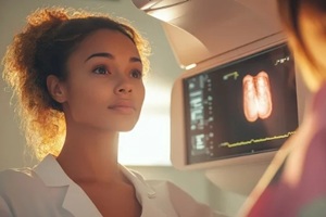 woman receiving mammogram exam