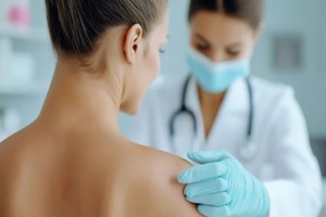 women with doctor during breast cancer exam