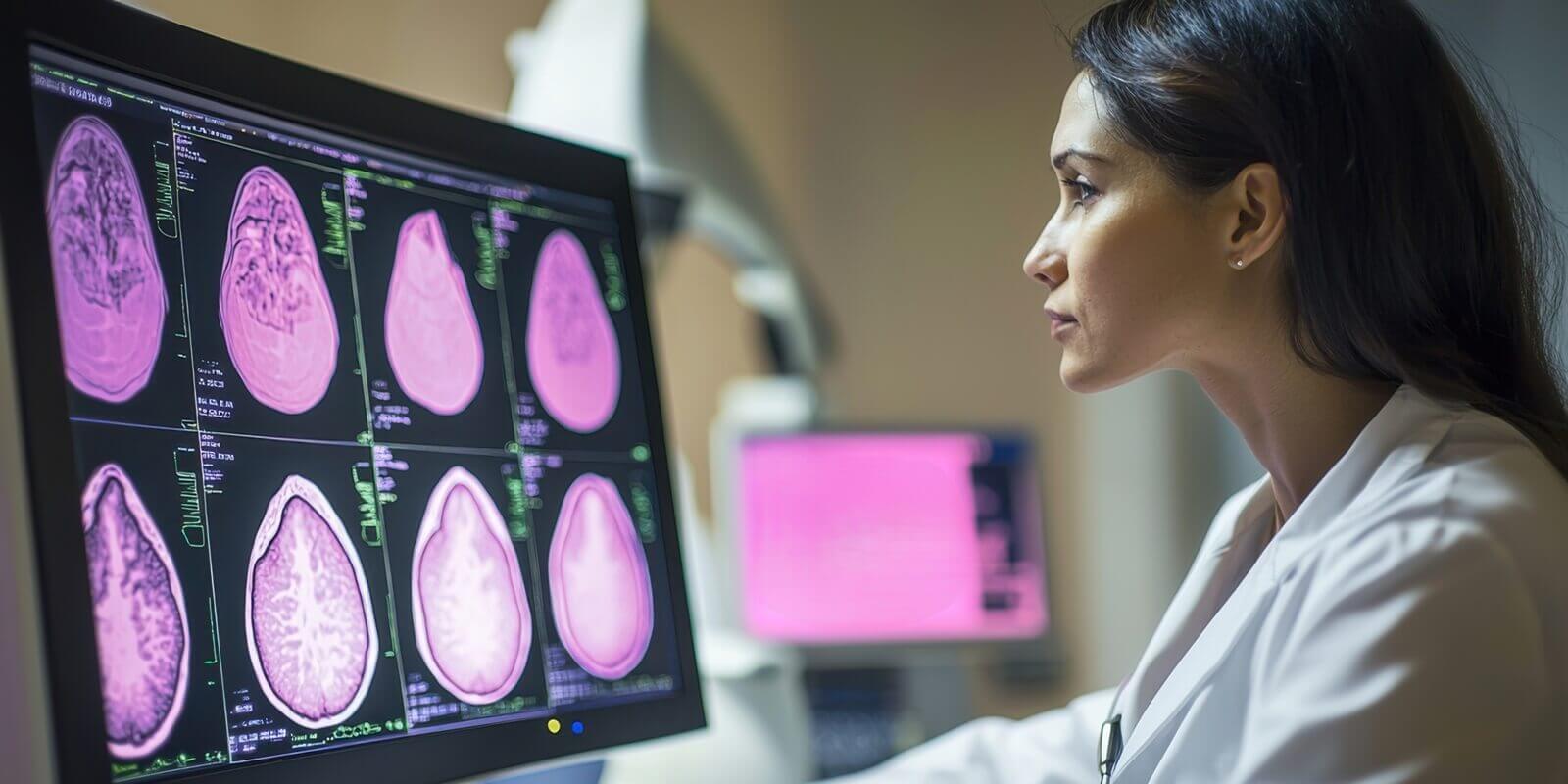 close-up of a mammography scan displayed on a computer screen with a female physician analyzing the images to detect any signs of breast cancer in Raleigh, NC