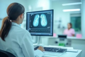 doctor analyzing a mammogram on a computer screen