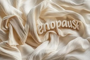 beige fabric drapes around the word menopause