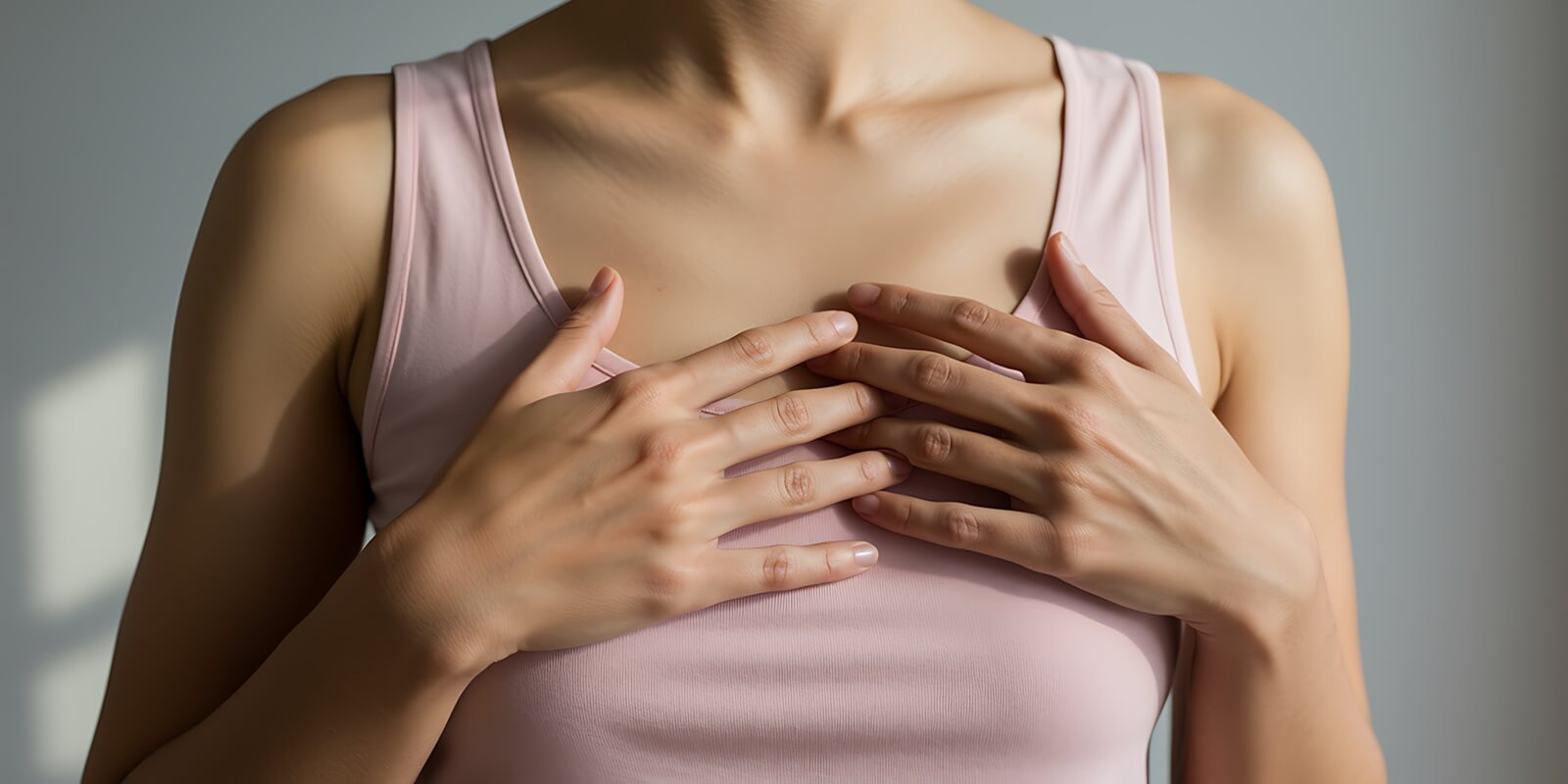 woman with hands on chest in soft pink tank top breast health