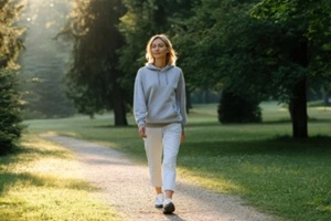 woman walking in park enjoying sunlight during morning exercise