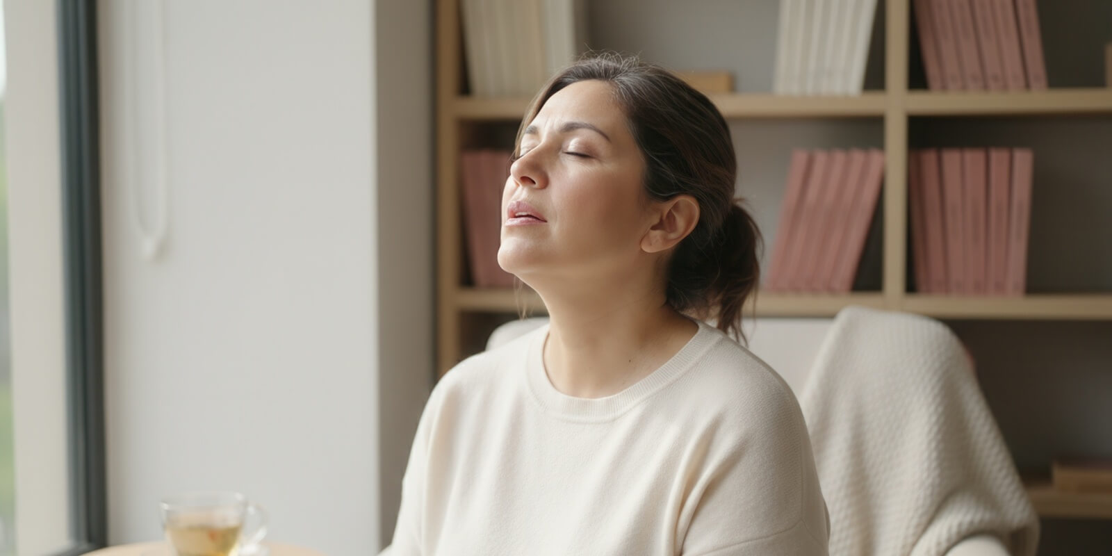 mature woman experiencing a hot flash symptom of menopause at home - Perimenopause doctor