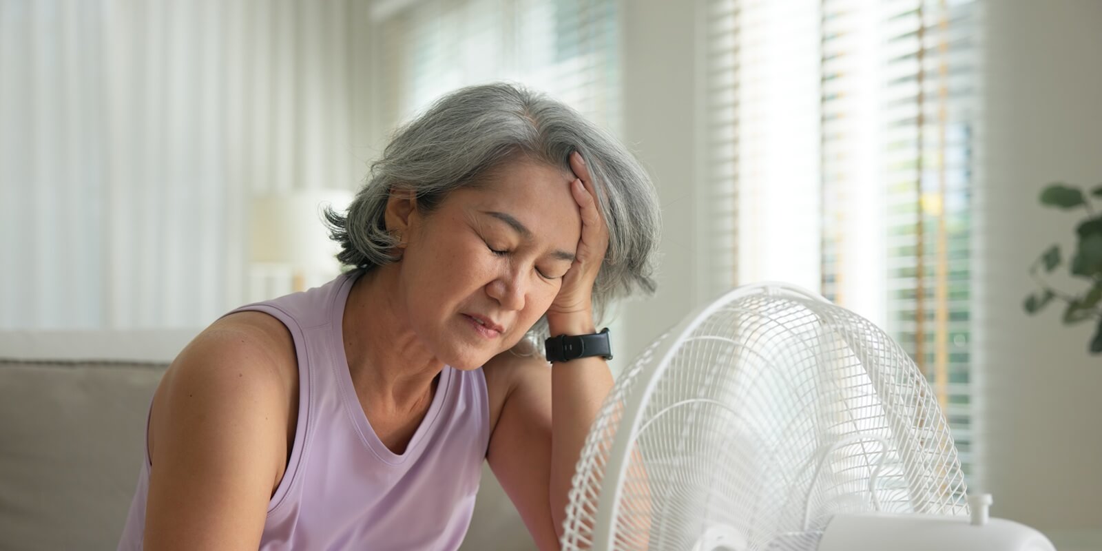 middle age old woman sit at sofa home feel hot flash fever use fan waving hand blowing wind face - doctors who specialize in menopause