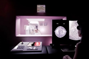 A 3D rendering of a futuristic breast cancer screening